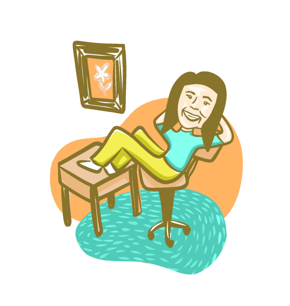 Drawing of Zero's mom, learning back in a computer chair with feet up on a dest and a piece of art on the wall